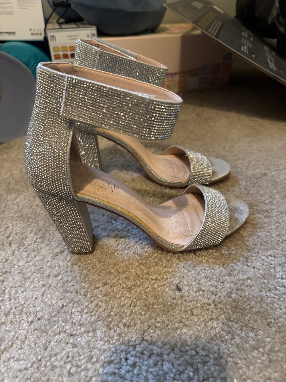 De Blossom Collection Silver Rhinestone Block Heel Sandals with Ankle Strap